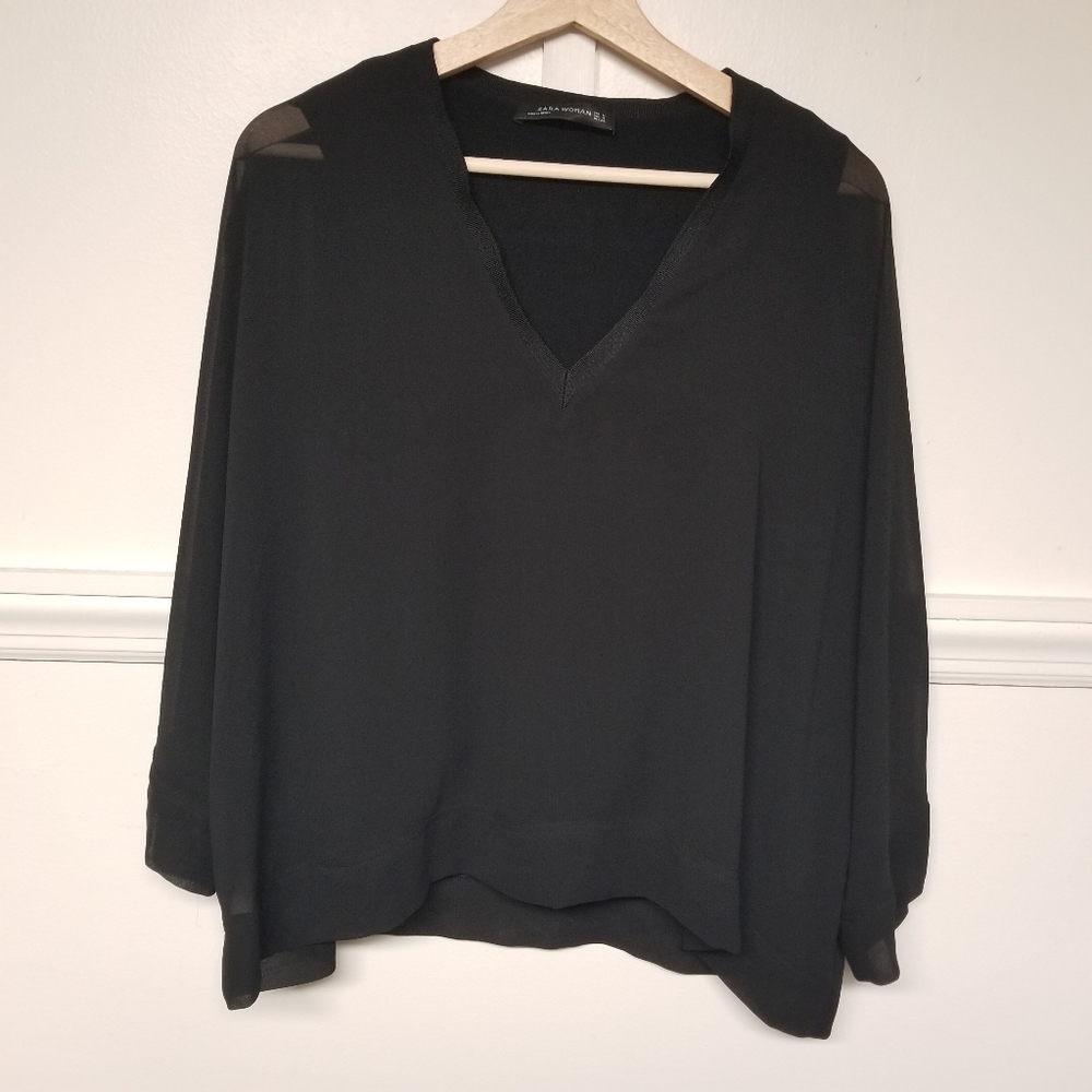Med Zara Woman Black Sheer Sleeve Blouse